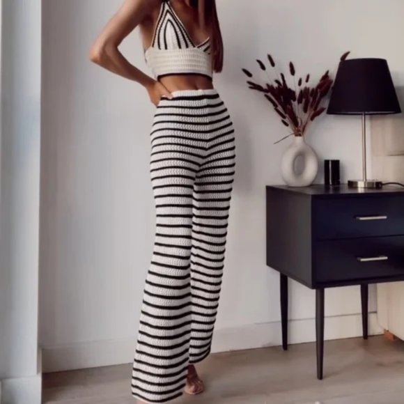 ZARA Openwork High Waist Striped Knit Pants Ecru - Picture 3 of 7